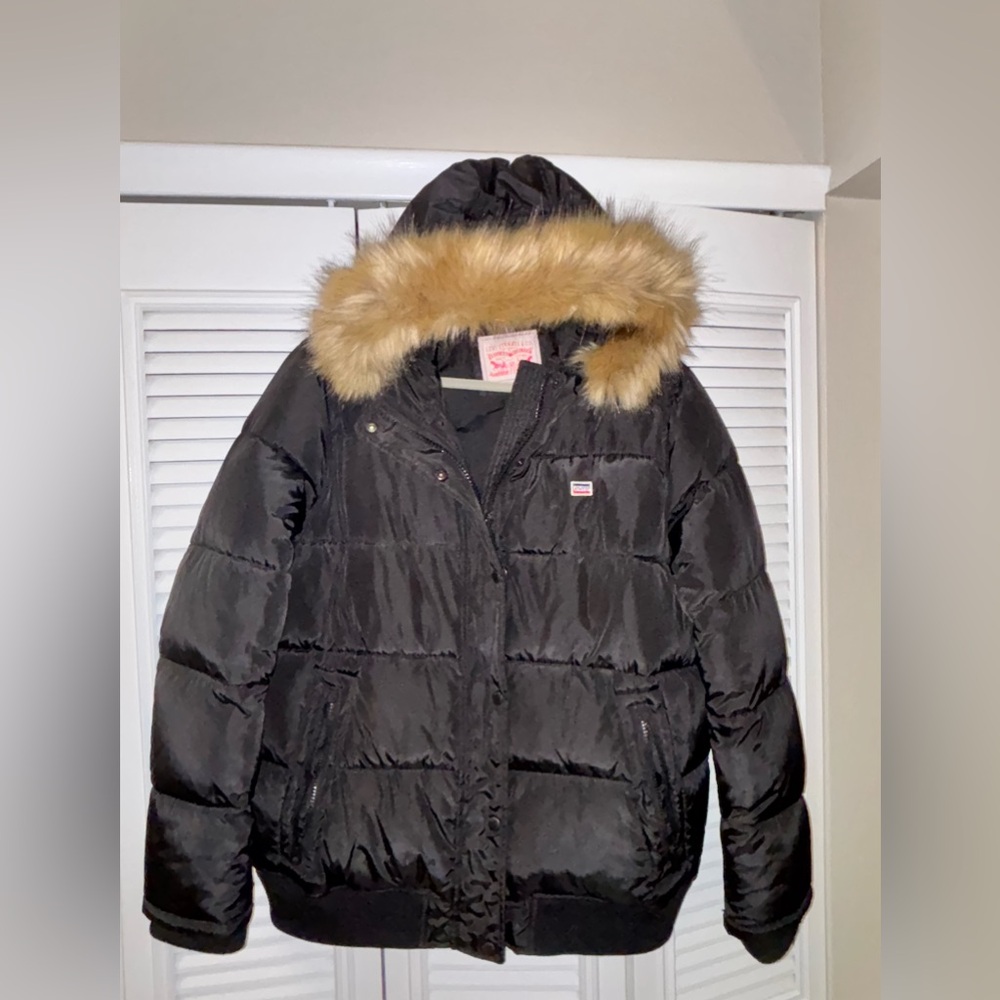 Levi's Women's Black Puffer Jacket with Faux Fur Hood
